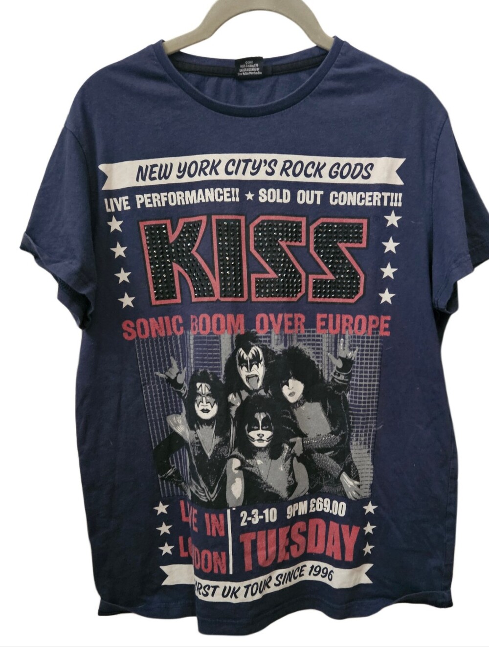 KISS Sonic Boom Over Europe Rhinestone Graphic Tee Shirt Navy Blue Large
